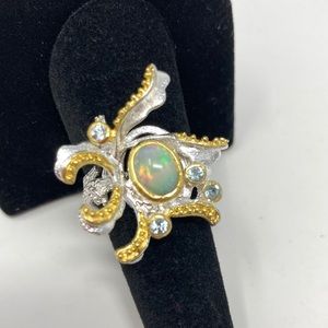 Unique Hot Fiery Genuine Opal Ring Accented with Topaz